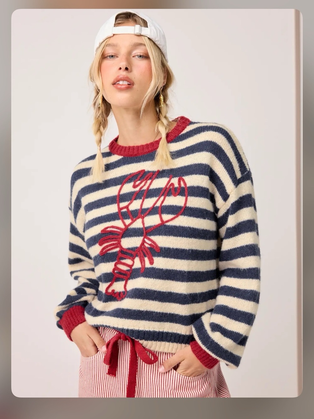 KNIT STRIPE LOBSTER GRAPHIC LONG SLEEVE CONTRASTING BINDING OVERSIZED SWEATER m